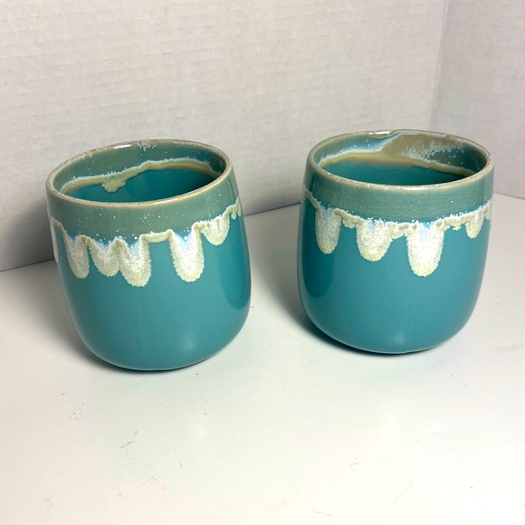 Anthropologie Pair of Mugs Blue Green Drip Glaze Crazing Teal Coffee Cup Ceramic - Picture 4 of 10